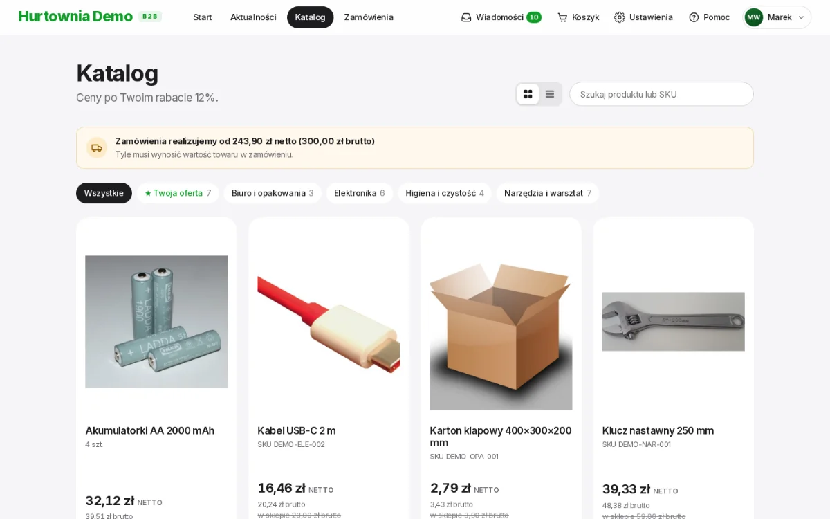 Demo platformy B2B: panel klienta, katalog z cenami po rabacie